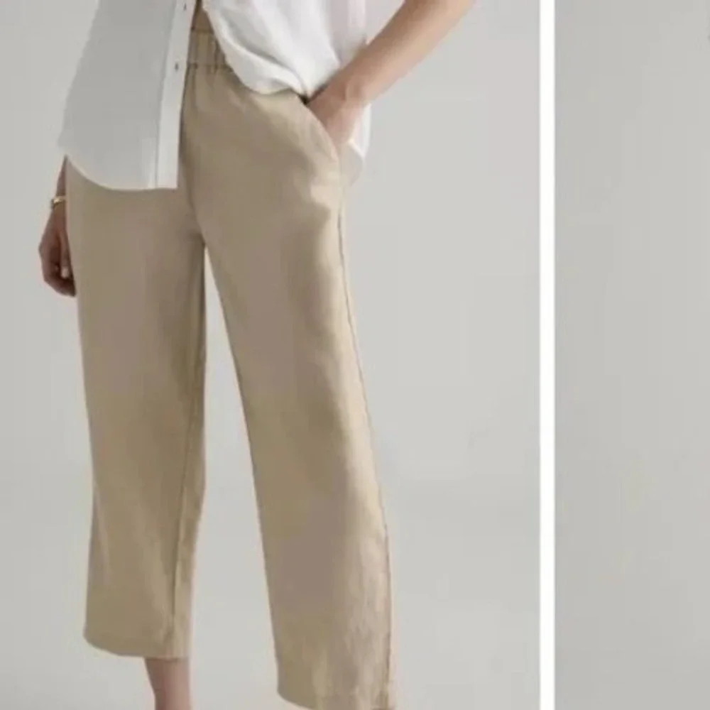 Quince Women Oatmeal Beige 100% European Linen Elastic Waist Tapered Pants L